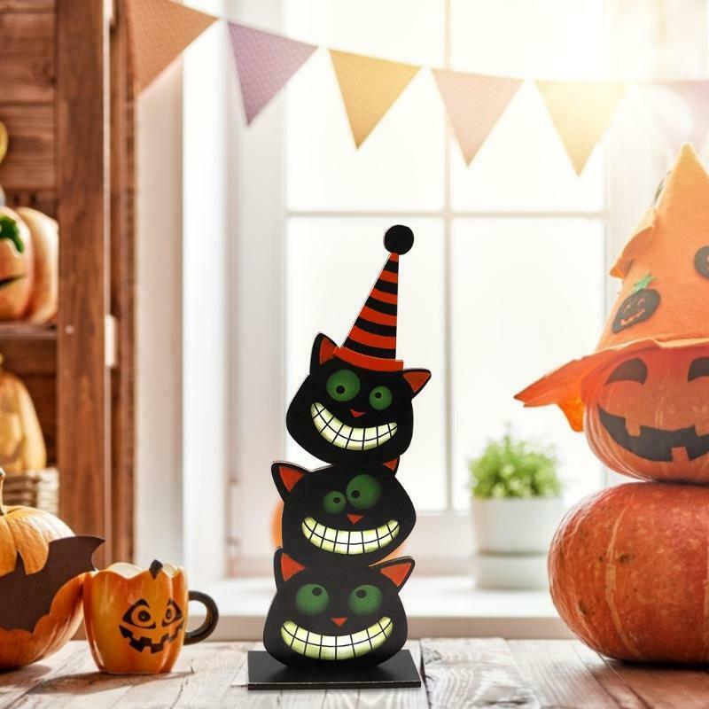 Cartoon Black Cats Wooden Sign Halloween Party Dinner Table Topper Decoration