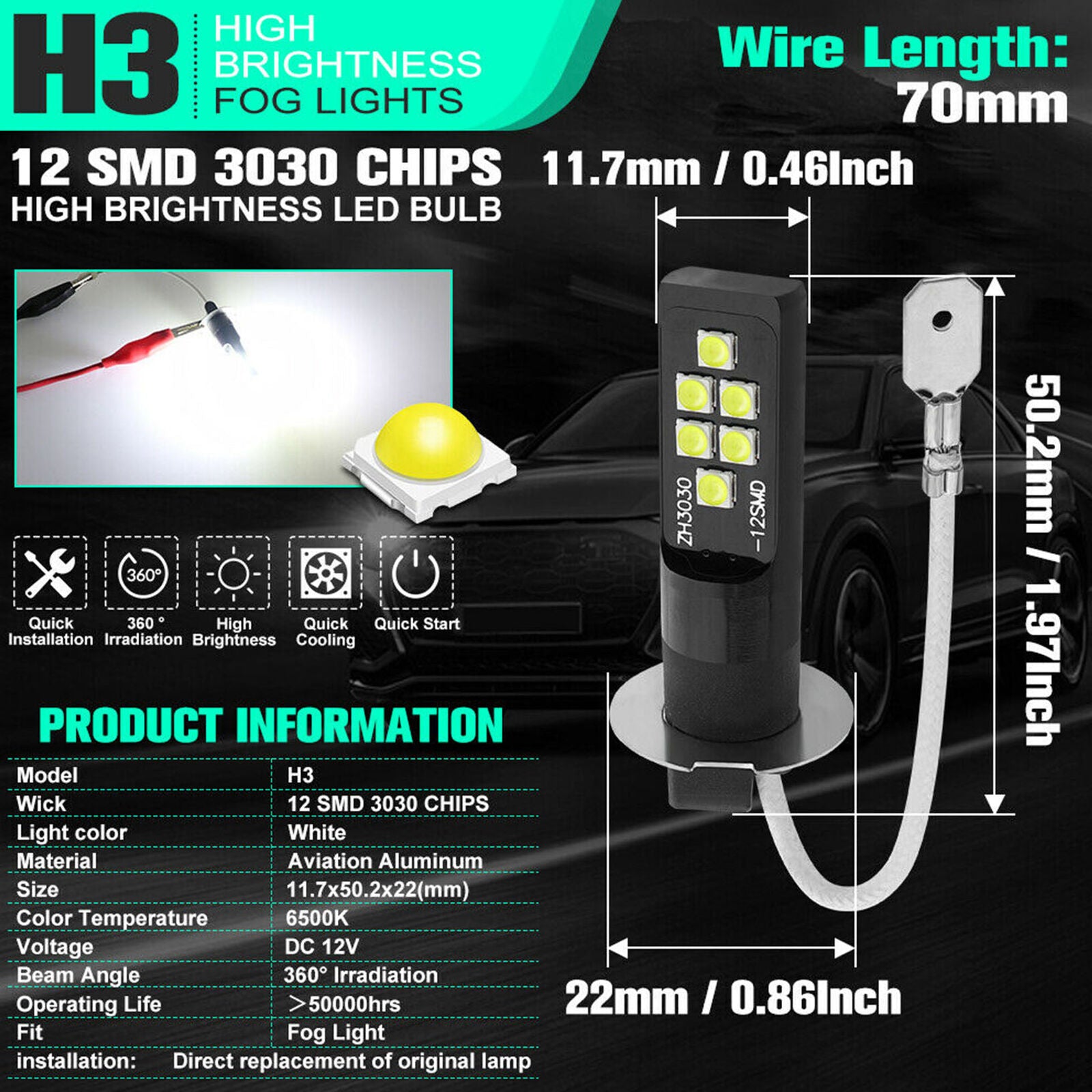 2pcs H3 LED Bulb 3030 SMD 6000K White Car Fog Light High Bright DRL Driving Lamp