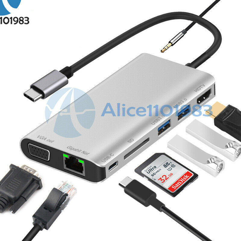 8 in 1 Type C to HDMI VGA USB 3.0 SD Card Reader Gigabit Ethernet Port PD Dock