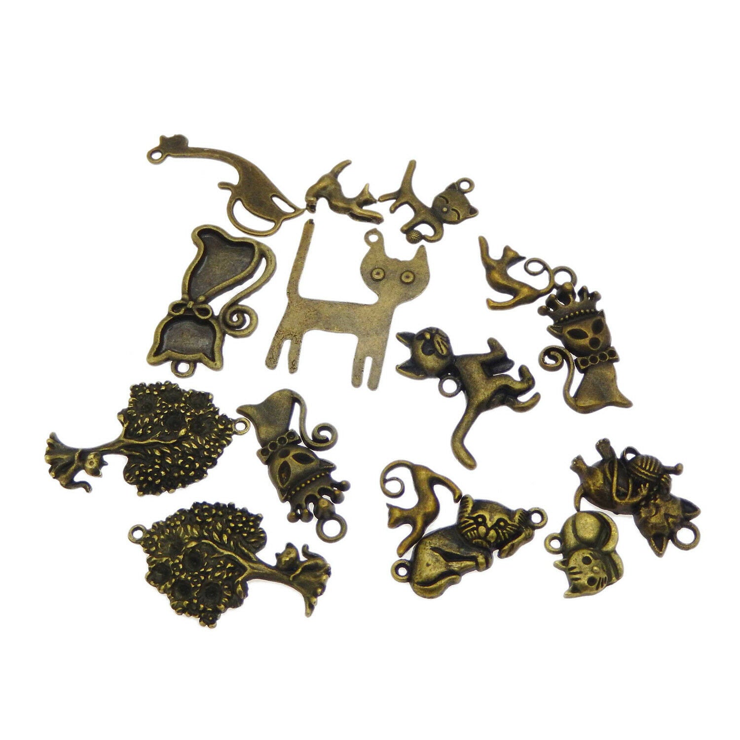 12 pcs Antiqued Bronze Metal Cats Charms Assorted Mix DIY Pendants Findings
