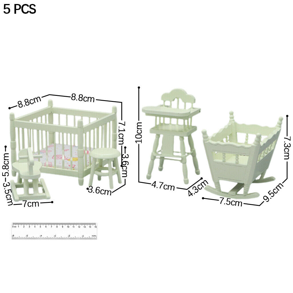 5pcs/Set 1/12 Scale Wood Bassinet Accessories Bedroom Furniture Ornamnts