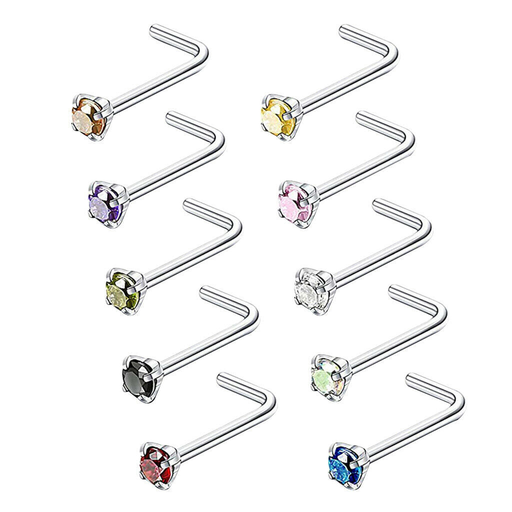 10pcs Rhinestone Stainless Steel Curved Nose Studs Rings 18 Gauge 3mm