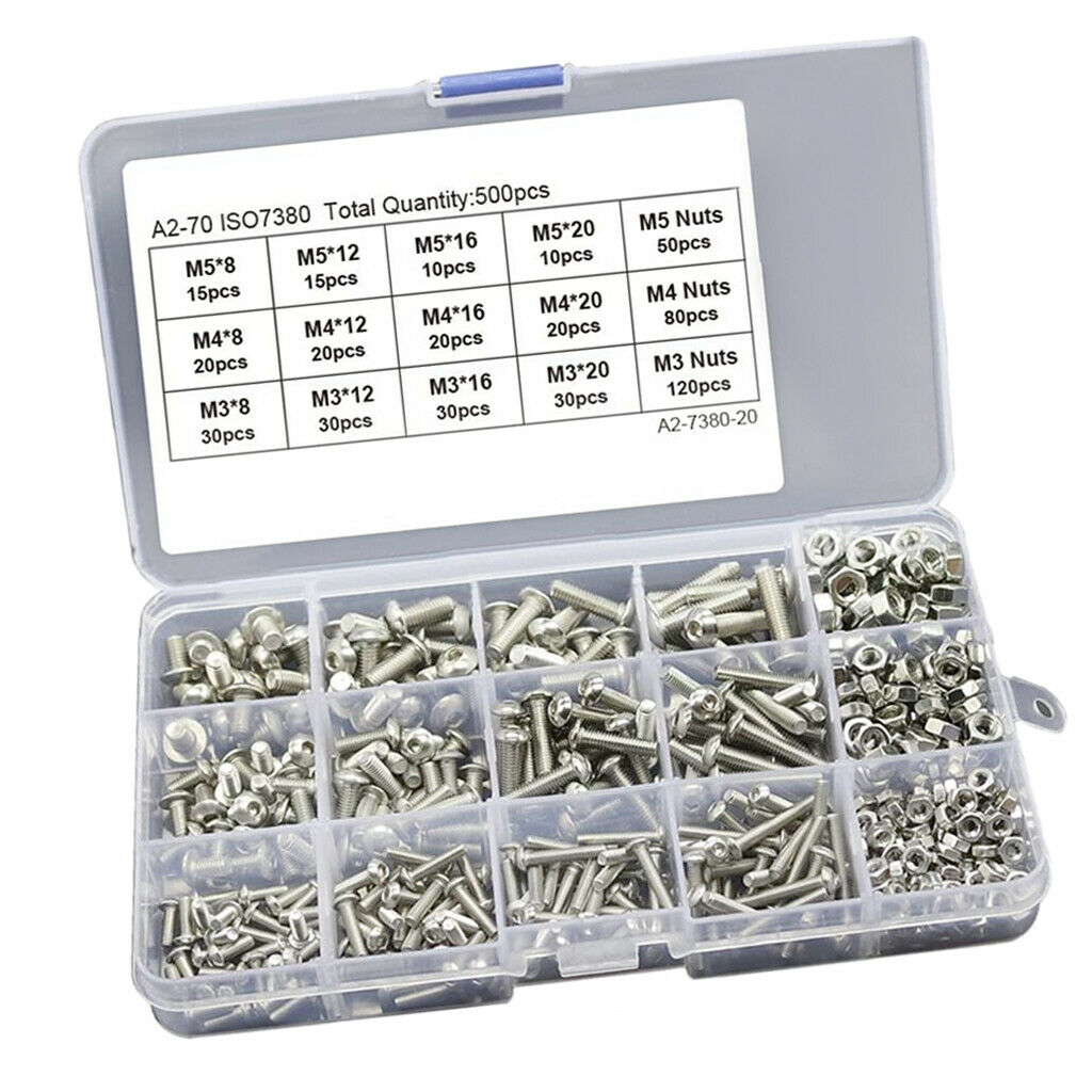 500pcs Stainless Steel Hex Socket Bolts Screws Nuts Kit Industrial Fasteners