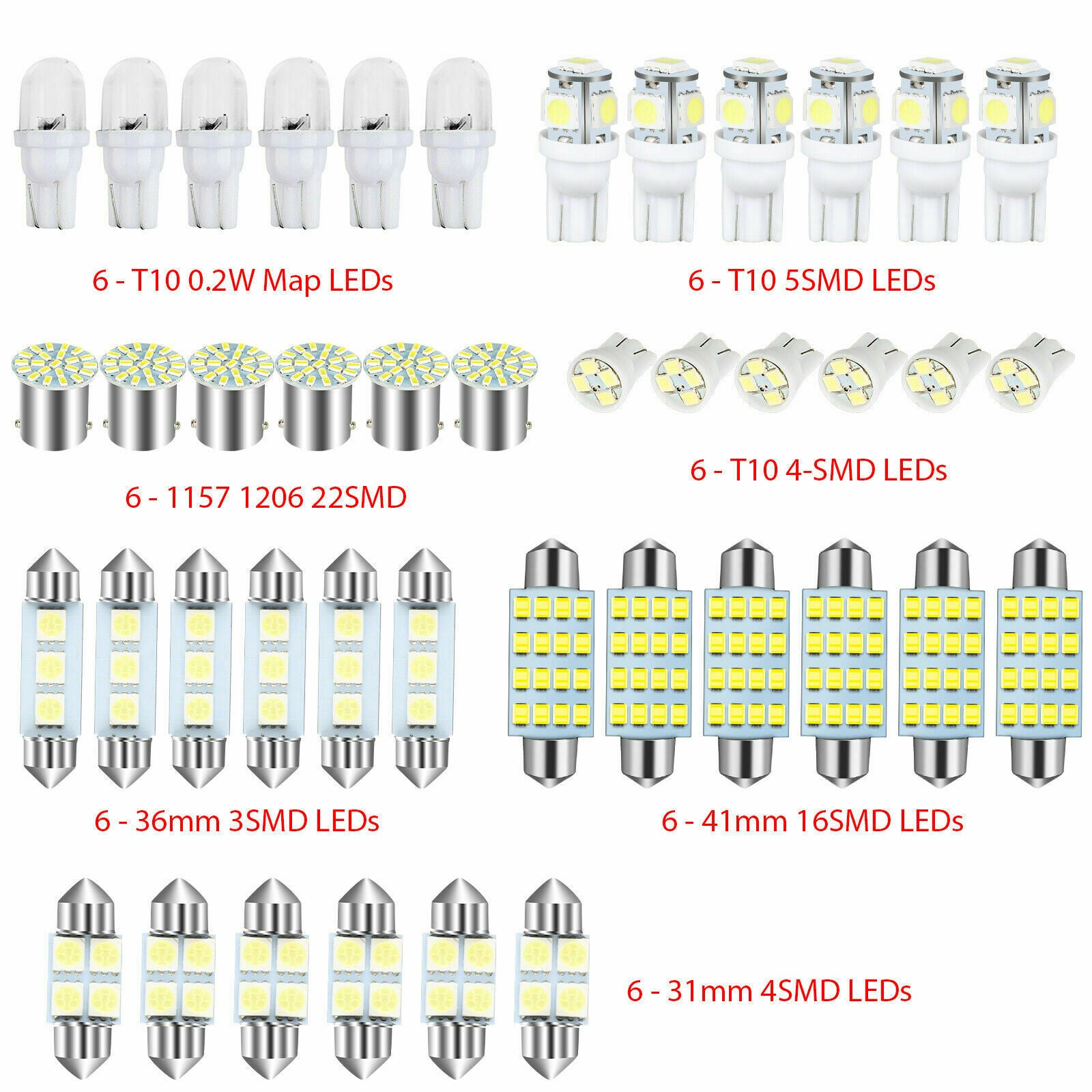 42pcs Car Interior White Combo LED Map Dome Door Trunk License Plate Light Bulbs