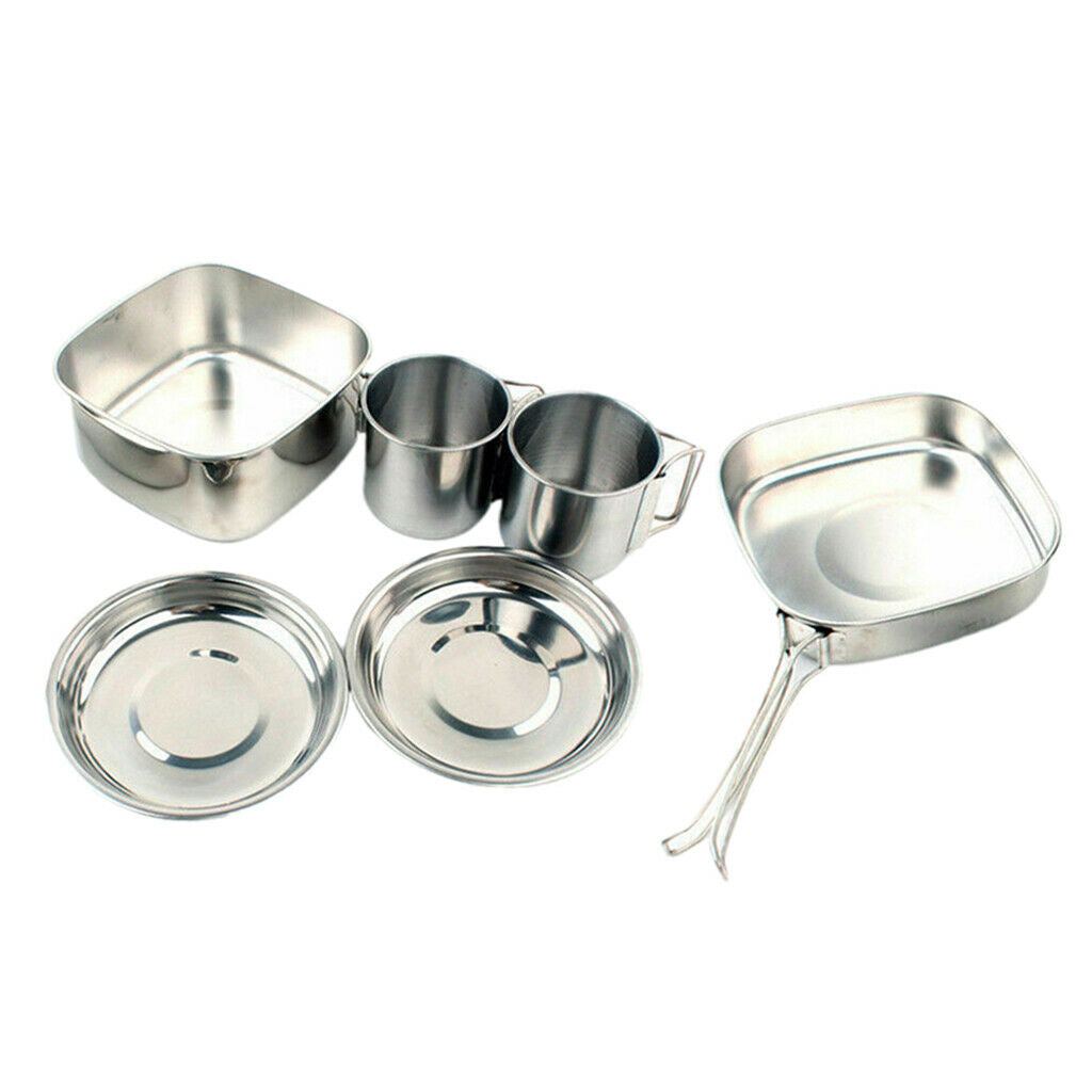 6pcs Camping Cookware Picnic Cooking Wok Stock Pot Cups Plate Tableware Sets
