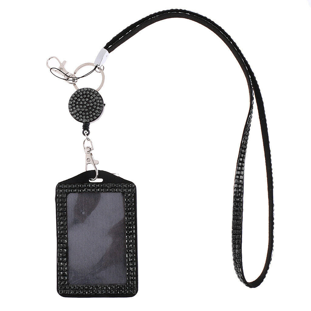 Unisex Black Crystal Lanyard with Retractable Reel Card ID Badge Holder