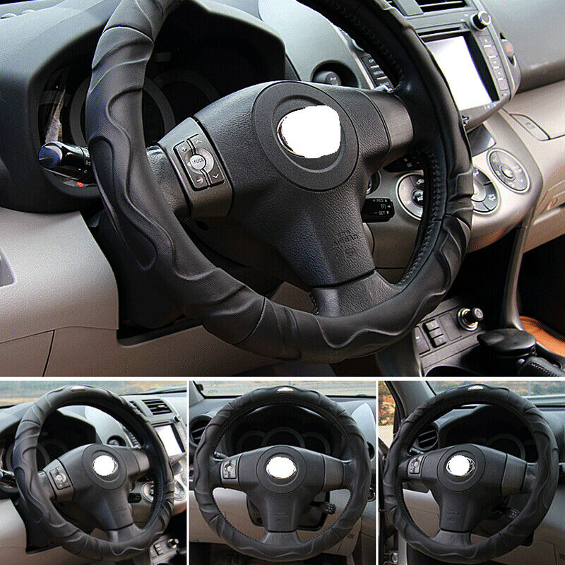 38CM Car Steering Wheel Cover Universal SUV Auto Black PU Leather Wear Non-slip