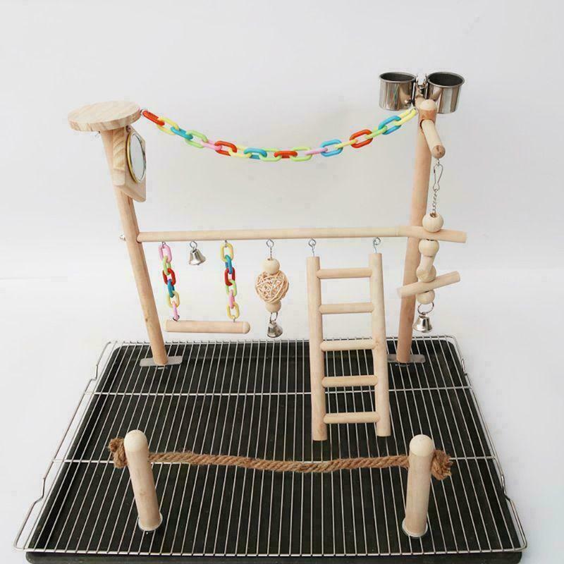 Parrot Bird Play Stand Cockatiel Playground Wood Perch Gym Ladder Feeder Cups