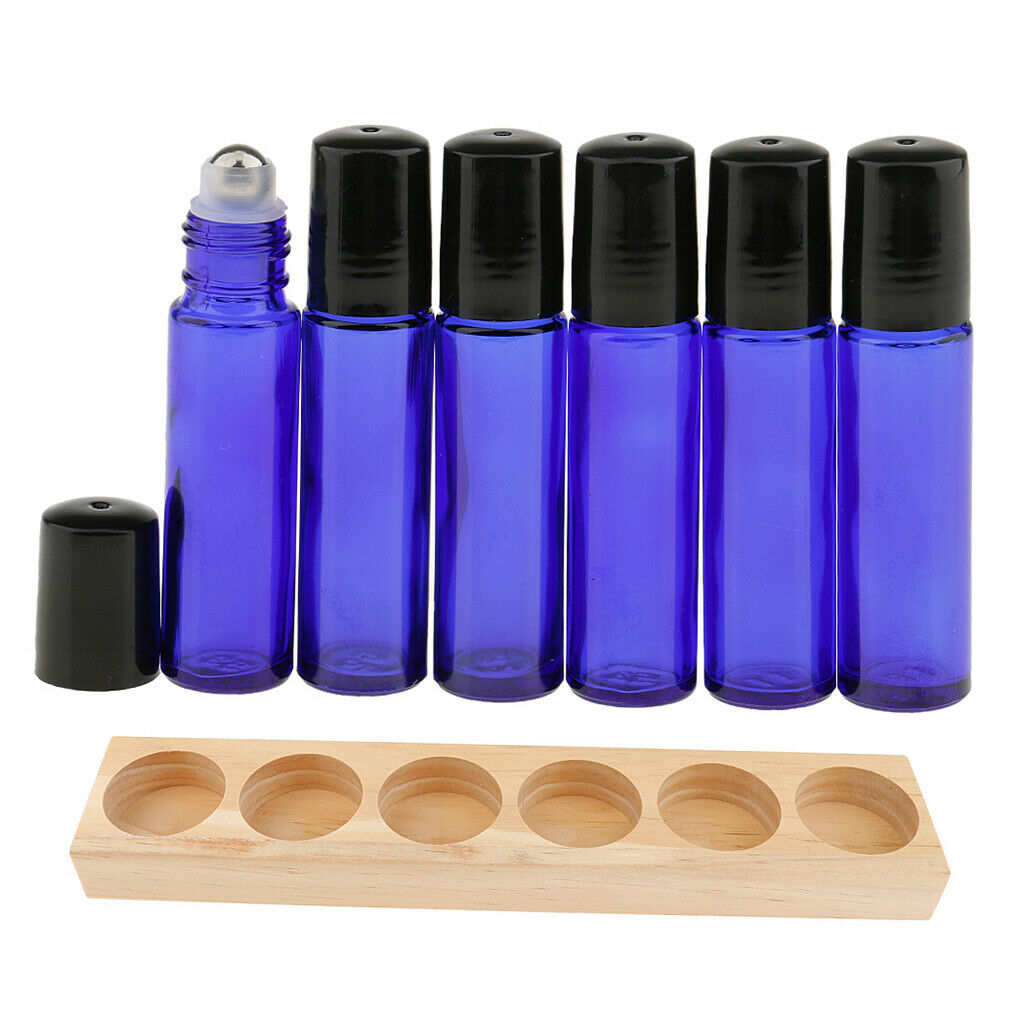Wood Essential Oils Box Display Case Holder Stand  +6 Glass Bottles Vials for