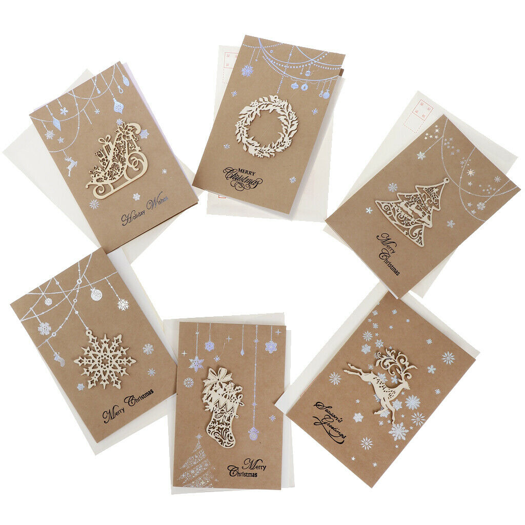 6 Pieces Brown Xmas Tree Wreath Craft Merry Christmas Greeting Cards with