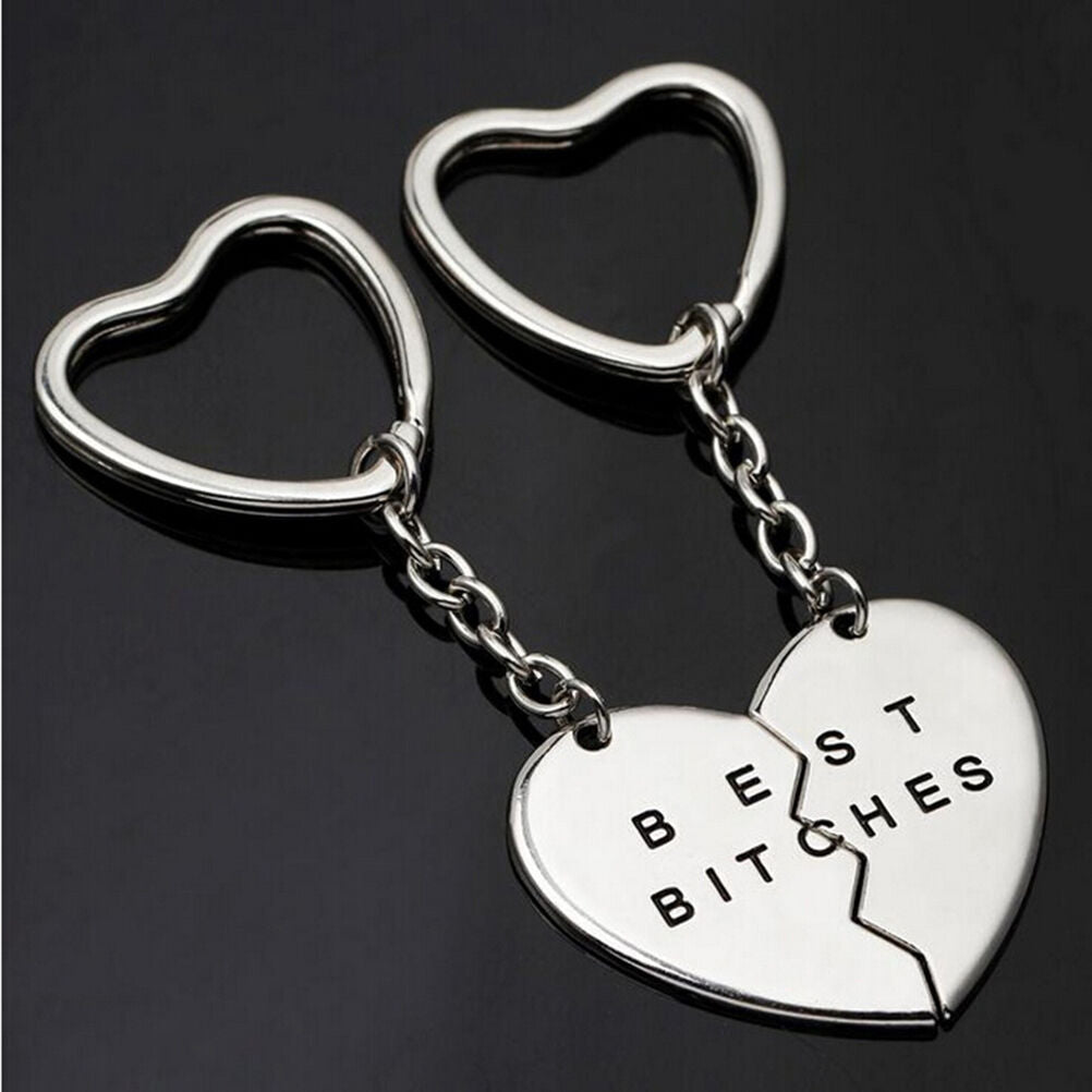 1Pair Hot Keychain Keyring BEST BITCHES Engraved Heart Golden Friendship G.l8