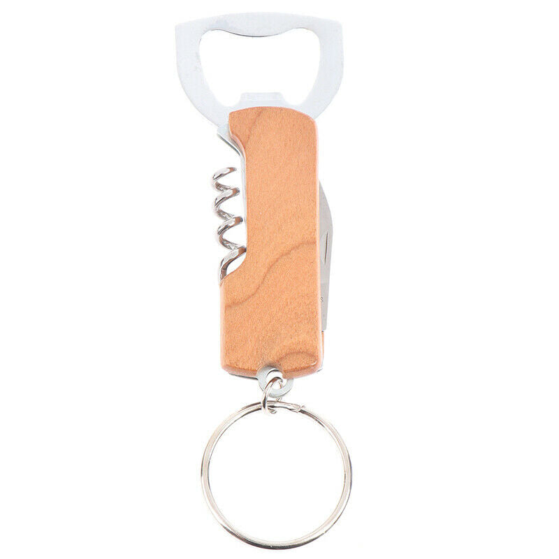 Multifunctional Beer Opener Keychain Stainless Steel Wooden Handle Wine O.l8