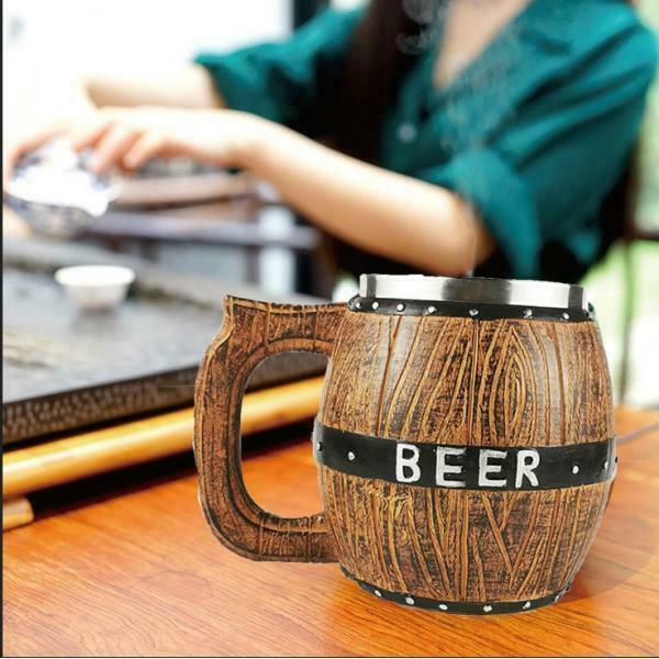 3X 580ml Wooden Barrel Beer Mug Bucket Shaped Drinkware Cocktail Mug