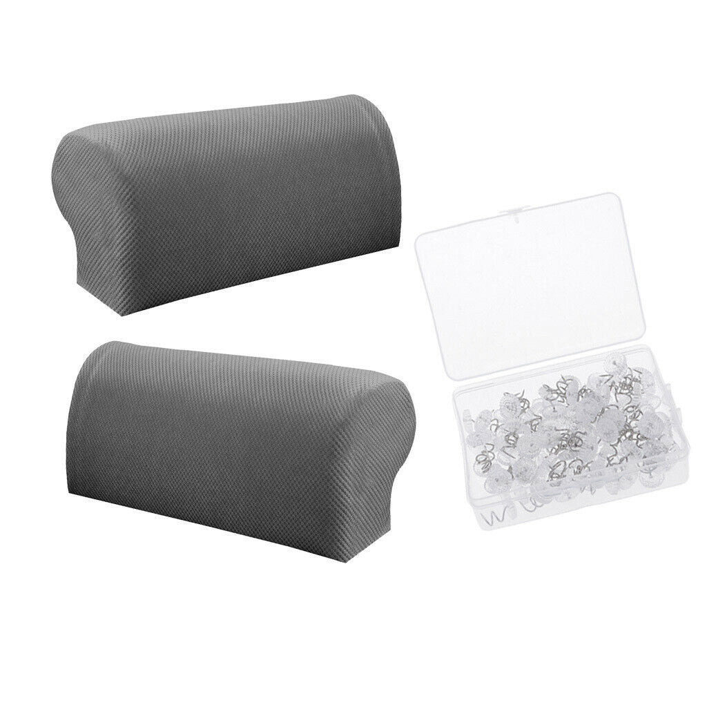 1Pair Grey Elastic Sofa Armchair Armrest Covers &100Pcs Pins