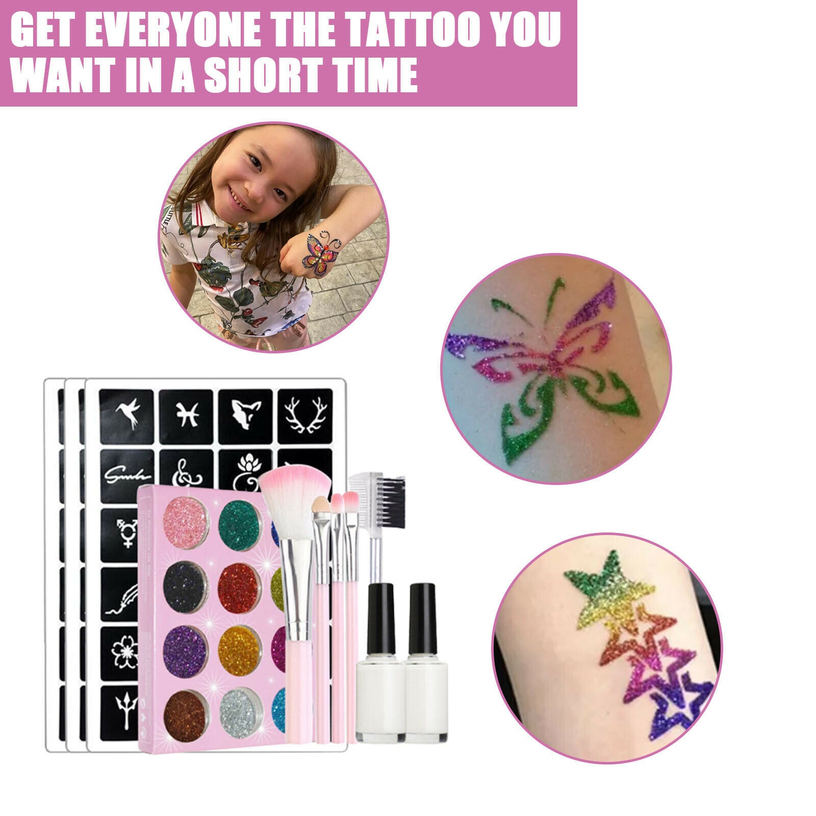 Body Glitter Tattoo Kit 12 Color Glitter Powder Stencils Glue Brush Set