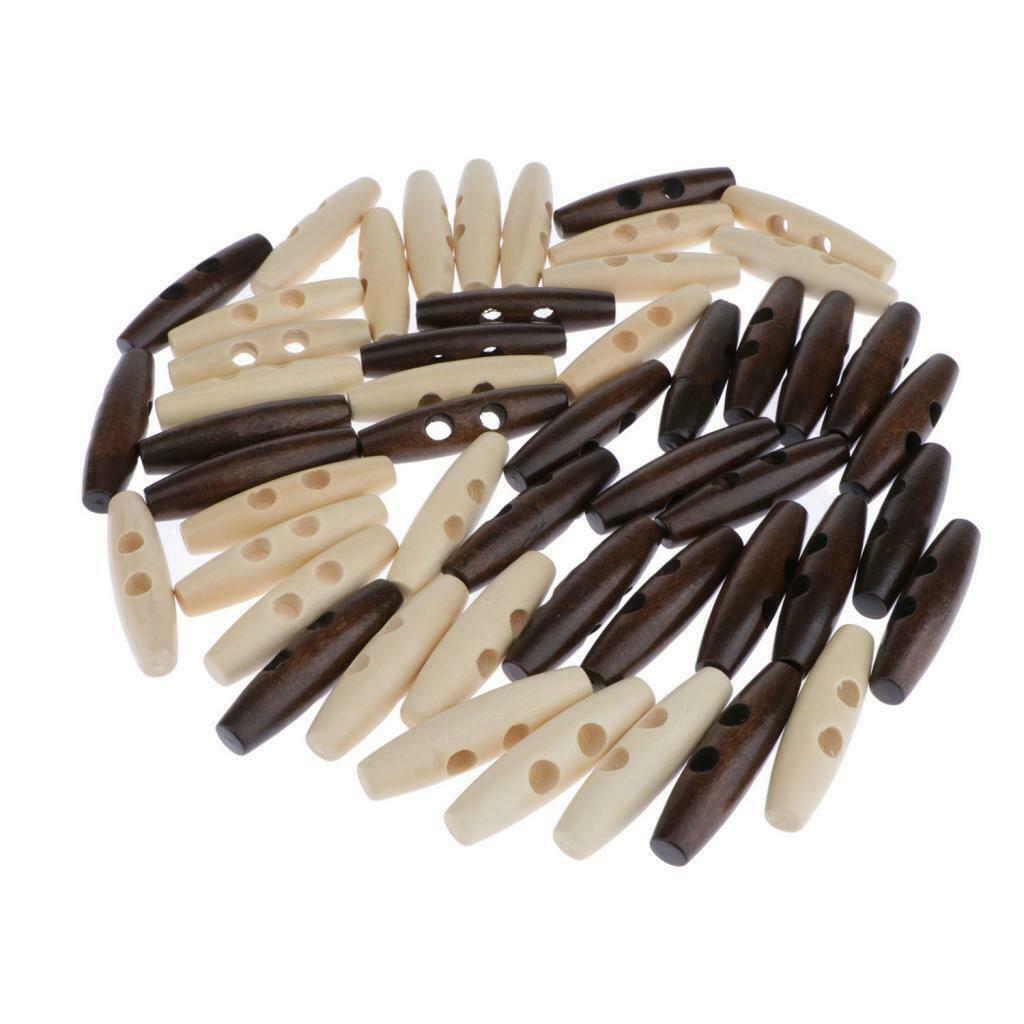 50Pcs Dark Coffee Beige Wood Toggle Buttons Horn Tooth Shape Two Holes For