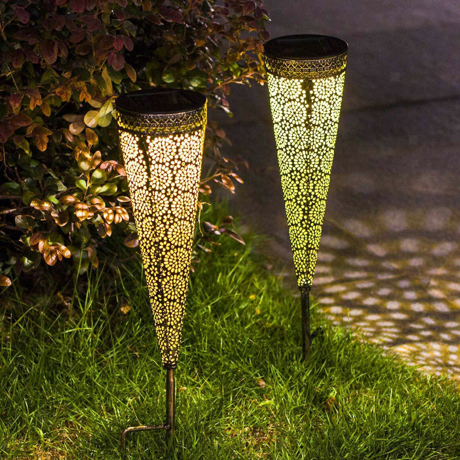 2x Garden Lamp Solar Powered Cone-shaped Standing Ornament Lights Waterproof