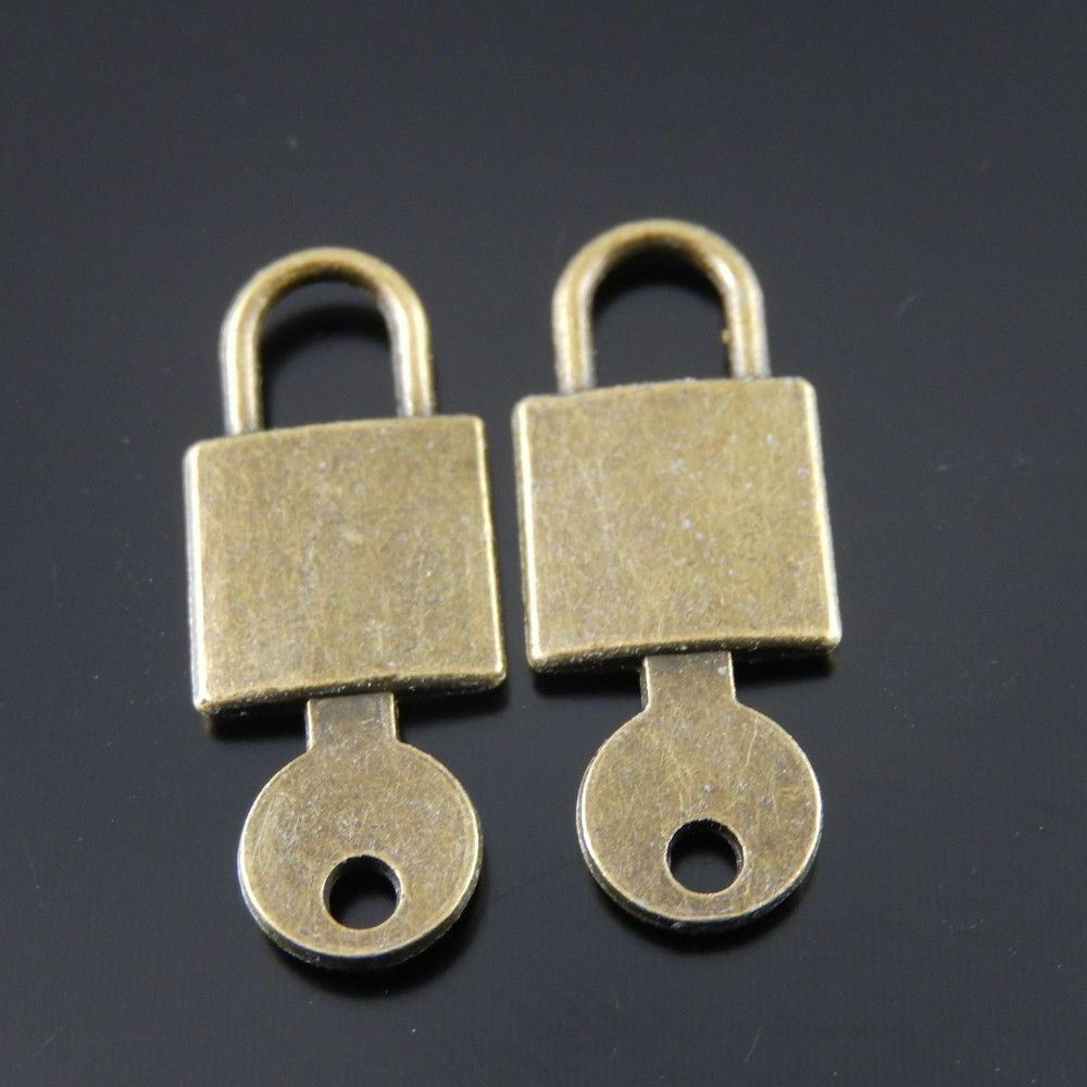 20 pcs Antiqued Bronze Alloy Lock Key Pendant Charm For Jewelry Making 25x9mm