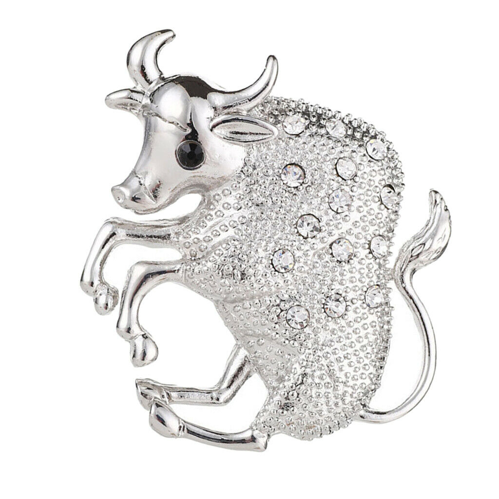 Silvery Tone Clear Crystal Rhinestone Cow Animal Brooch Pin For Men Women