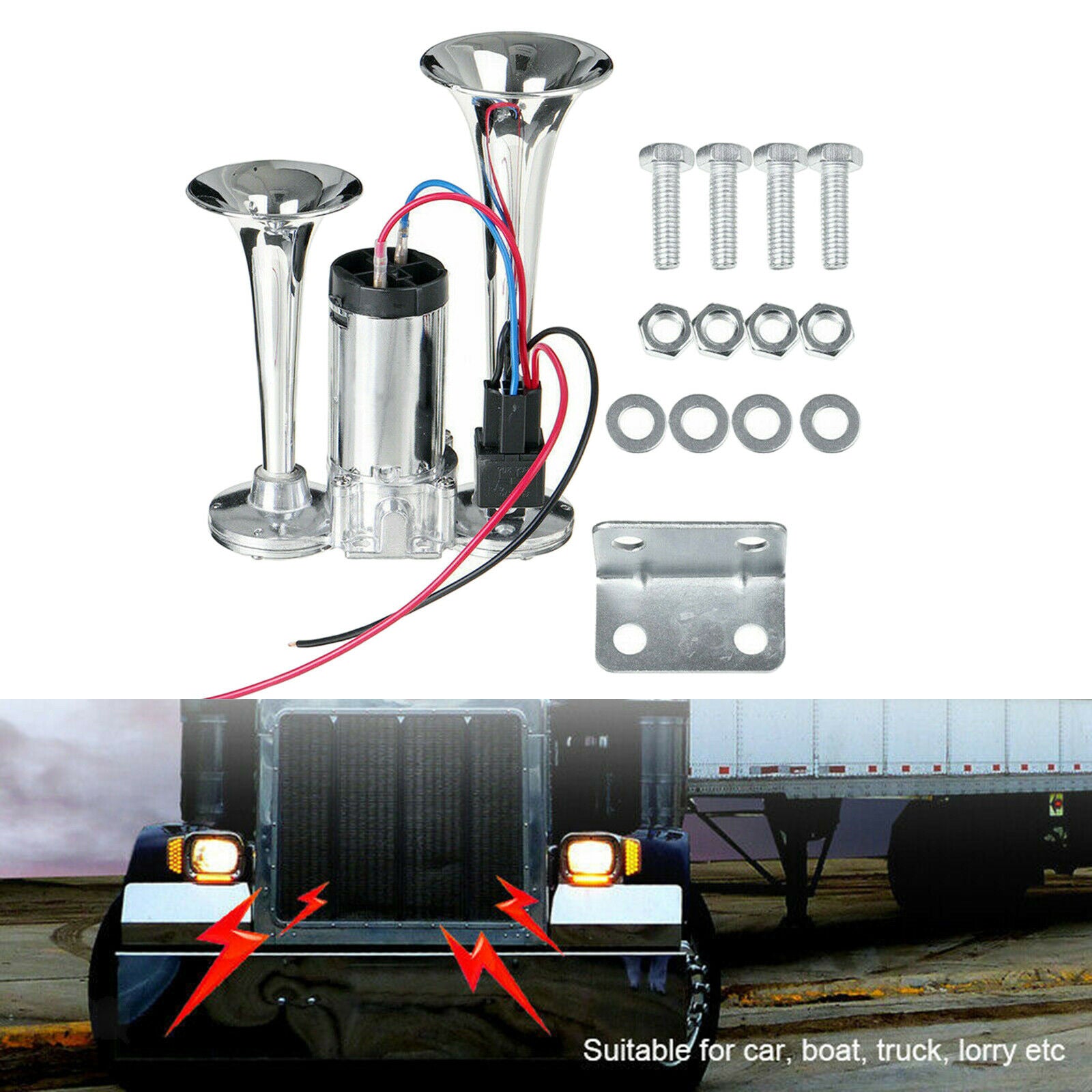 600DB 12V Dual Trumpet Car Air Horn Kit Boat Truck Train Speaker Dual Tone Tool