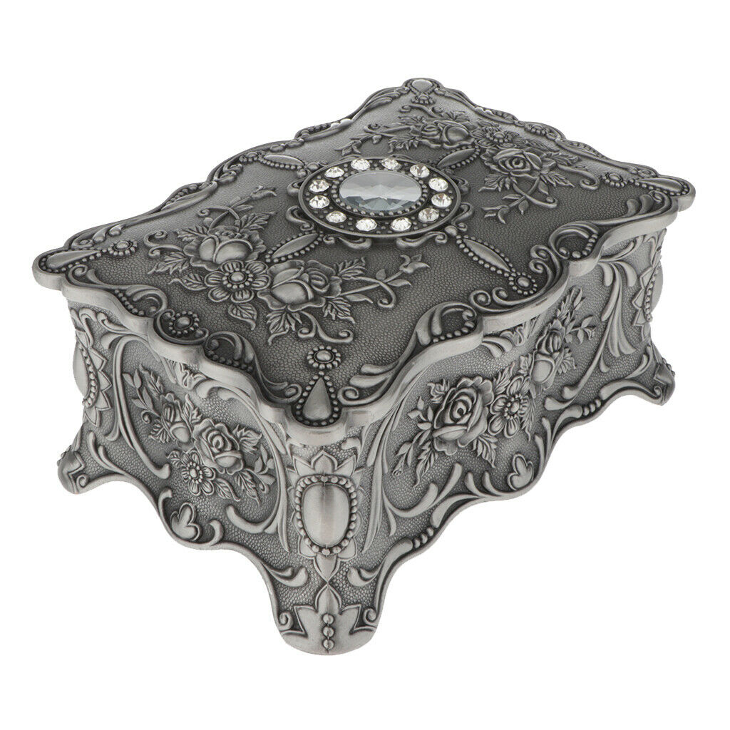 Tin Small Rectangle Jewelry Box Floral Engraved Treasure Storage Ring Case