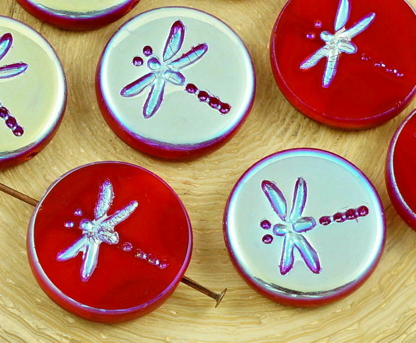 4pcs Opaque Coral Red Half Ab Dragonfly Flat Coin Round Czech Glass Beads 17mm