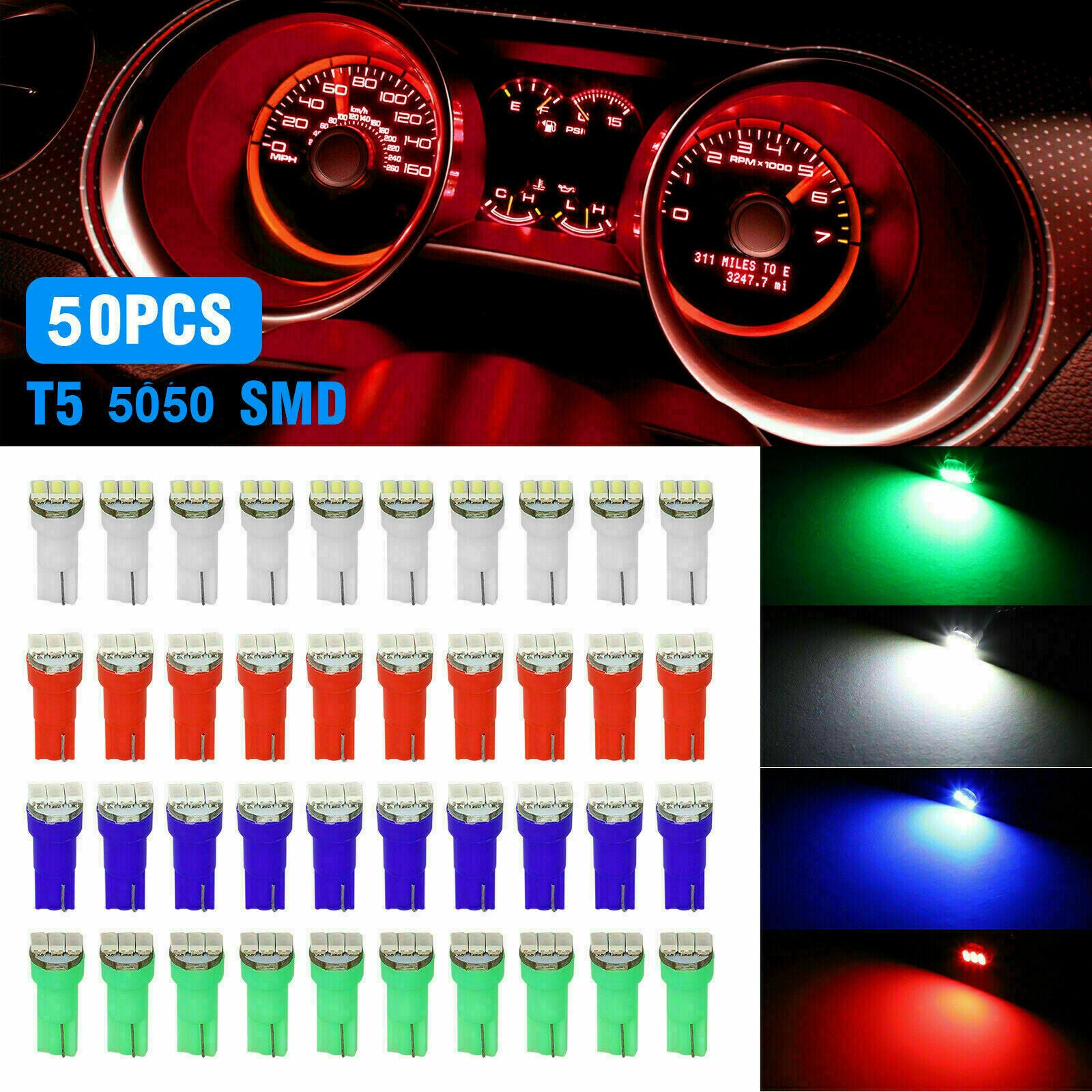 50x T5 74 2721 Wedge 1-SMD-3014 LED Speedometer Gauge Cluster Dash Lights Bulbs