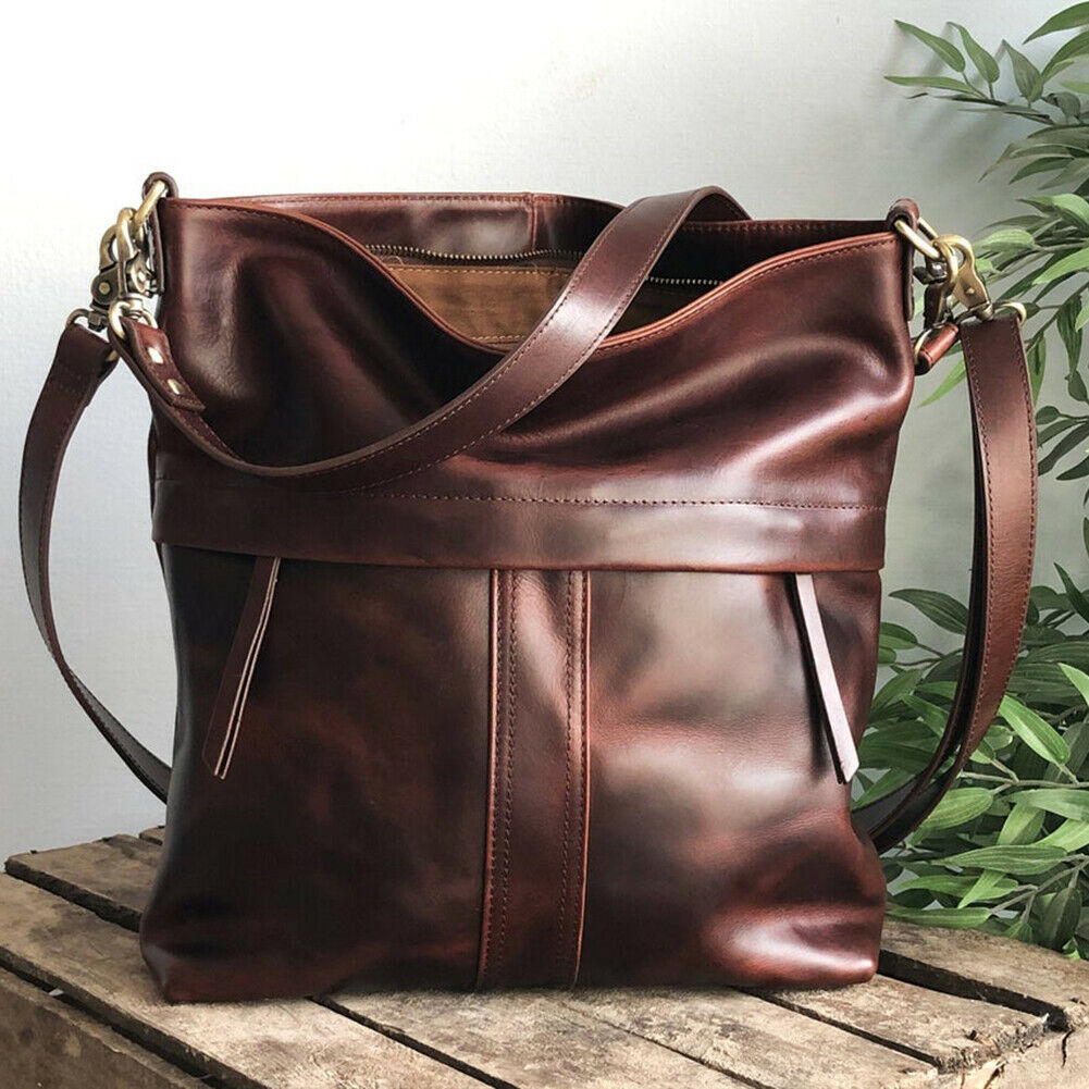 Women Pure Color Crossbody Bag Retro PU Leather Large Capacity Tote Handbag @