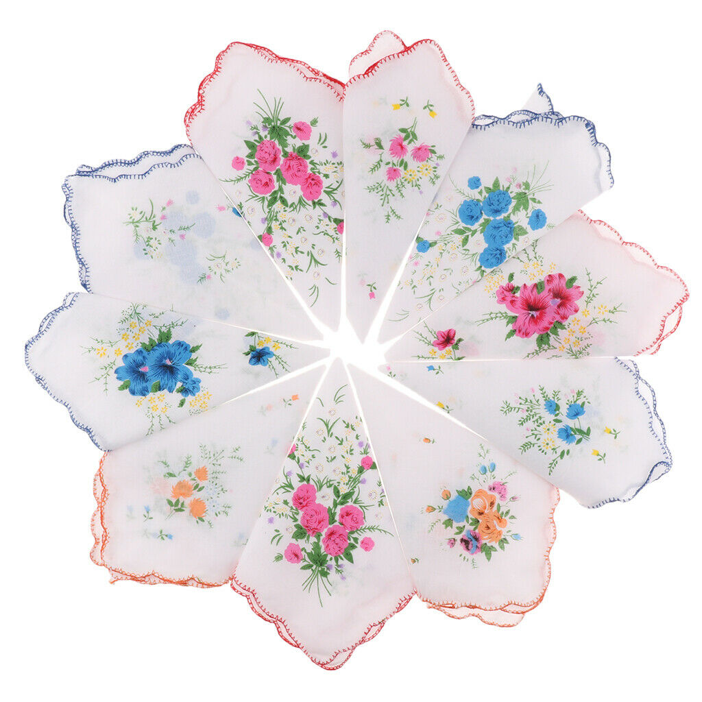 10pack Womens White Handkerchiefs Square Hankies Pocket Hanky Coloured Floral