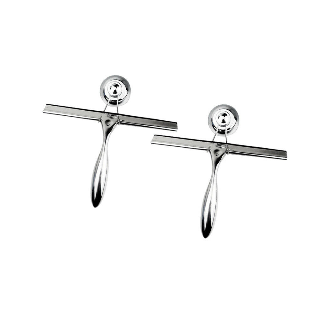 2x Stainless Steel Shower Squeegees with Suction Base Holder for Home Mirror