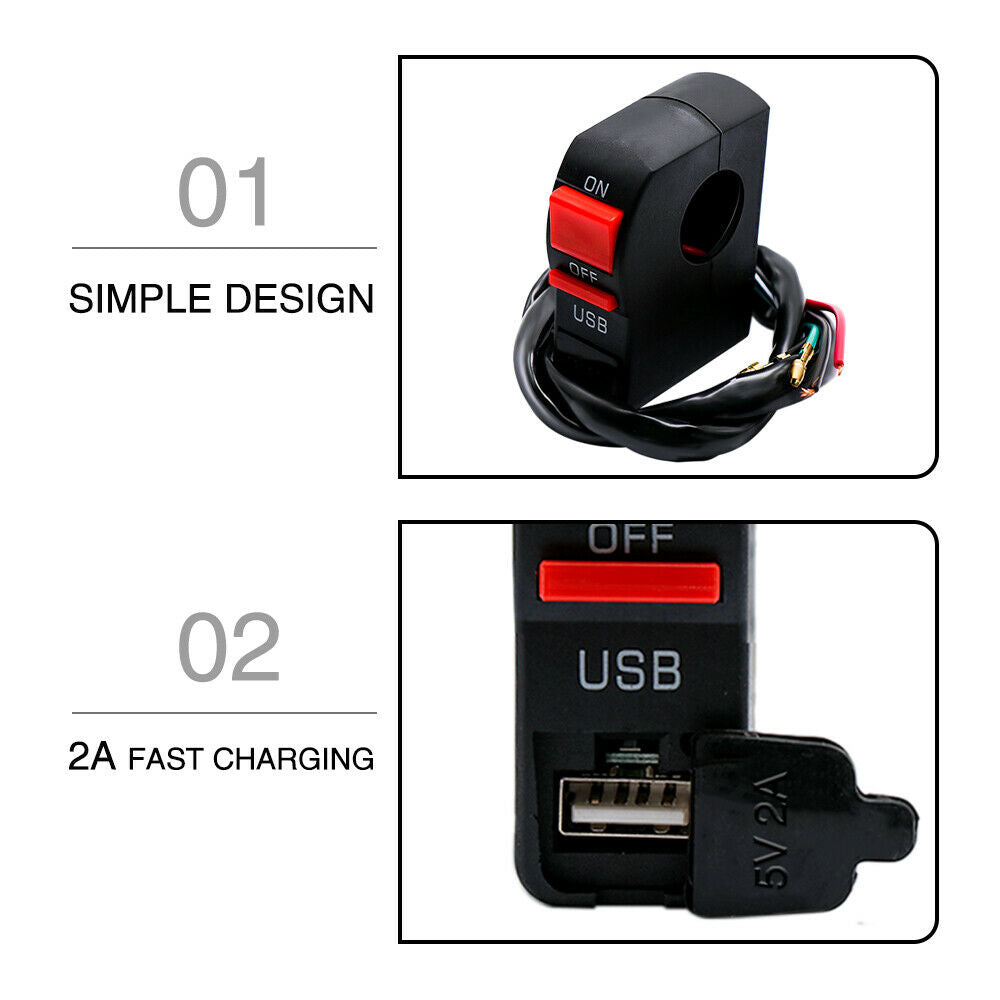 Multifunction Motorcycle Scooter USB Phone Charger 7/8 Handlebar Switch Assembly