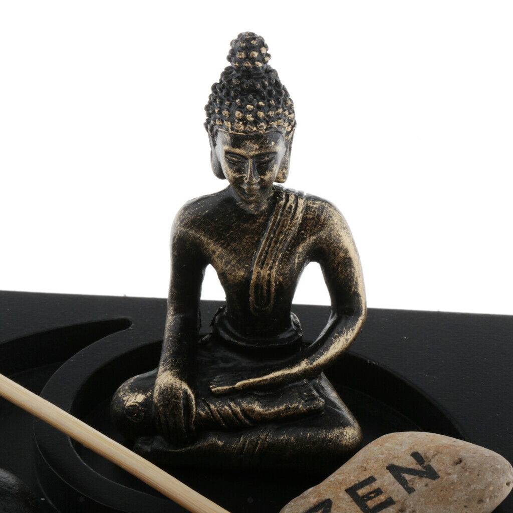 Meditation Buddha Statue Zen Garden Sand Rock Rake Incense Burner Scene