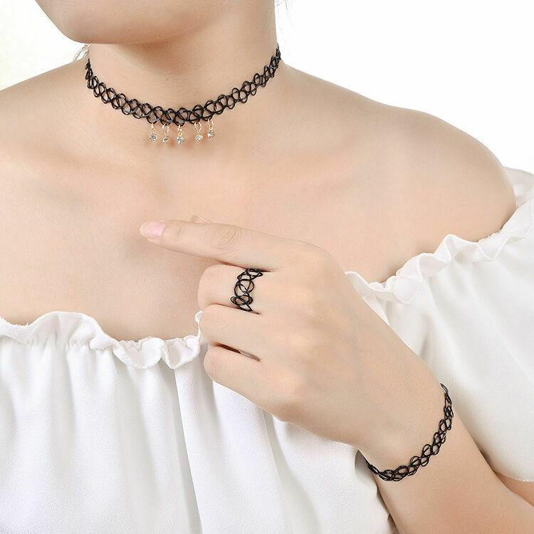 New Hot Tattoo Choker Stretch Necklace Set Black Cord Retro Henna Elastic Gothic