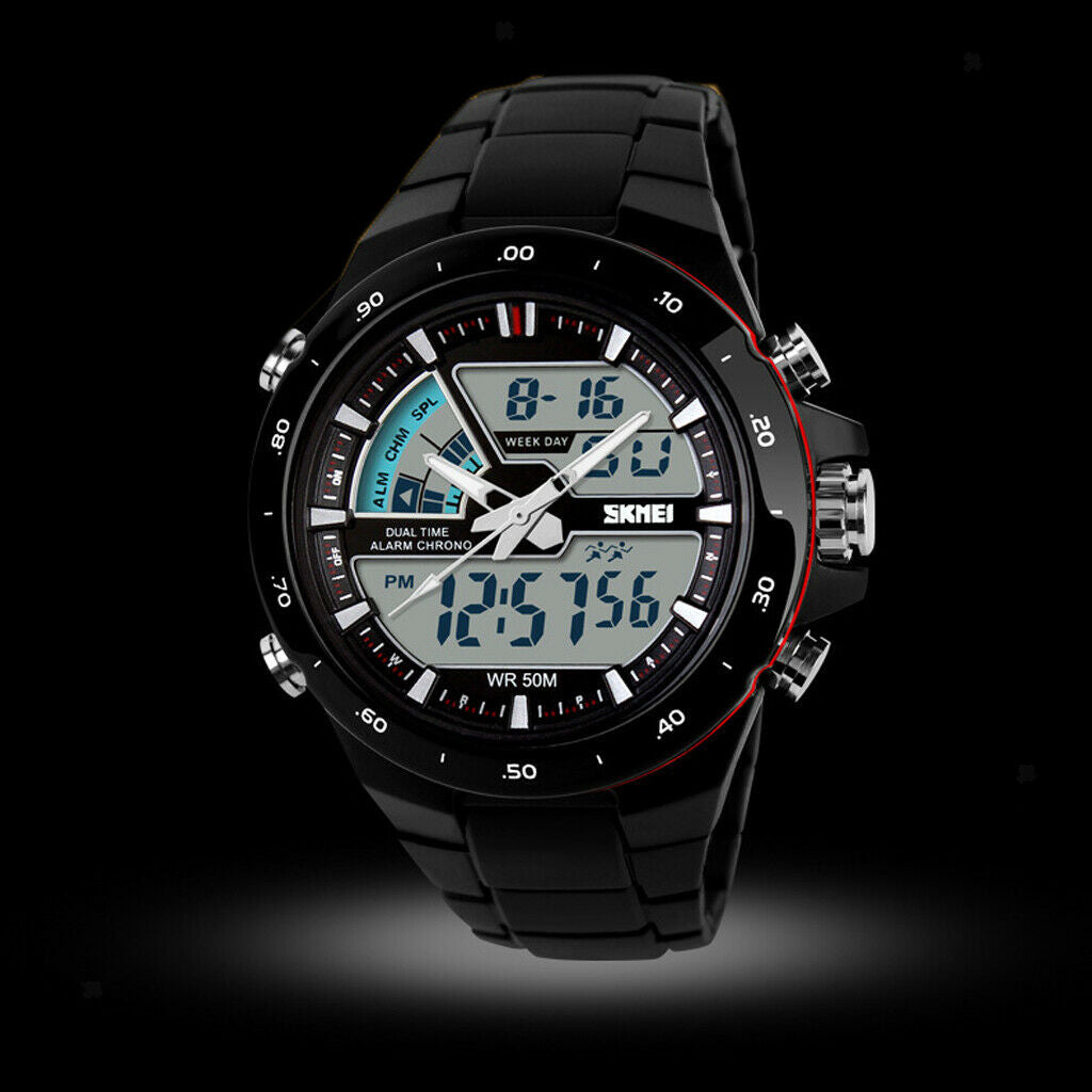 Unisex Sports Watch Dual Time Led Light 50M Waterproof Light Black and White