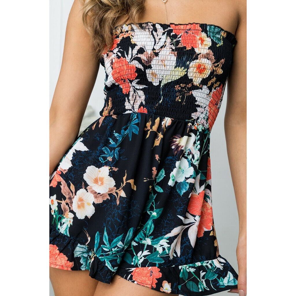 Women's Summer Floral Off Shoulder Sleeveless Casual Romper Jumpsuit L Black