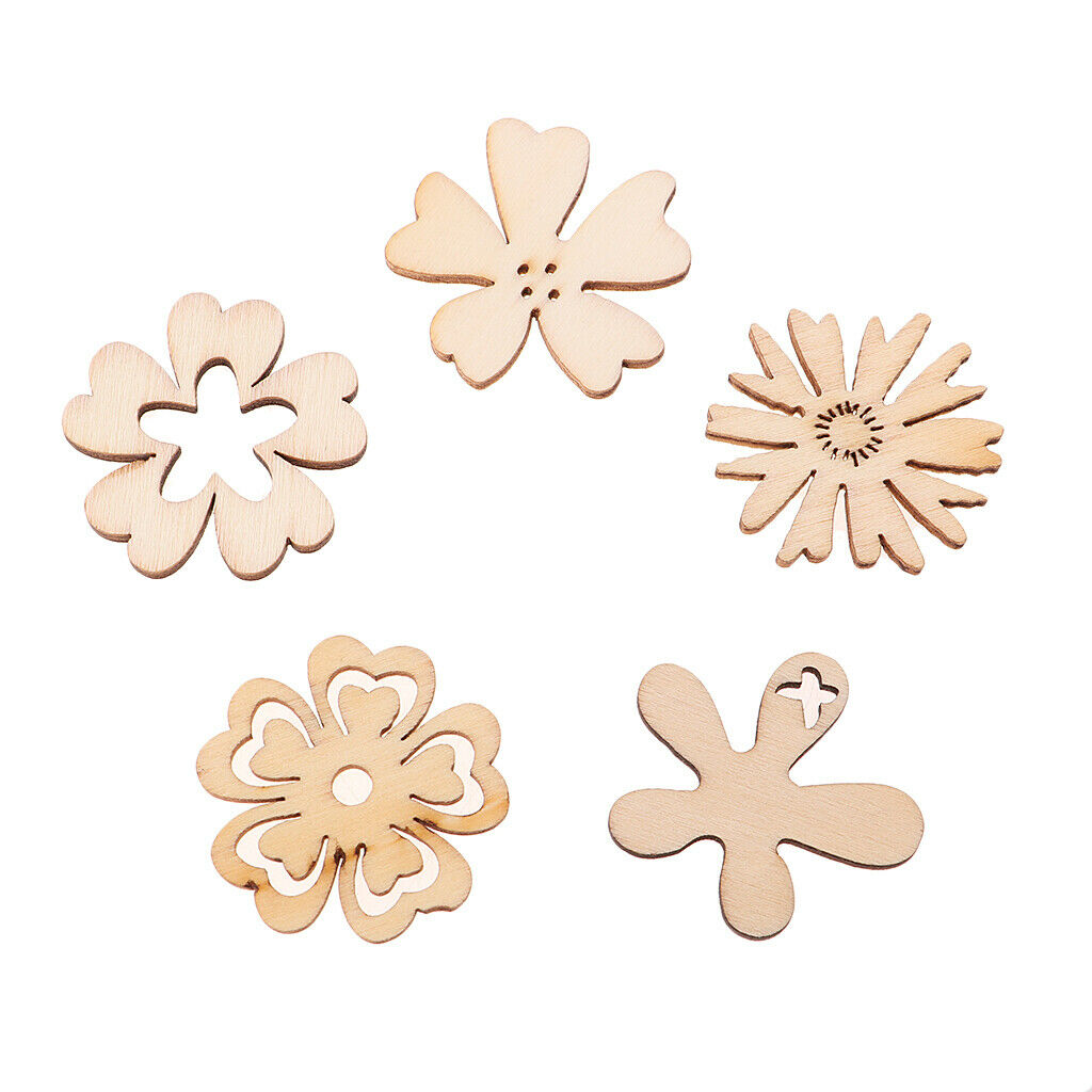 50pcs Chic Wood Buttons Cutout Flowers Shapes Wooden Craft DIY Scrapbooking