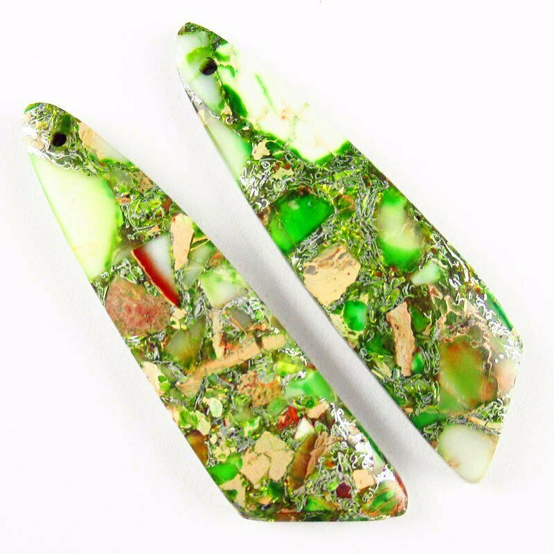 2pcs Green Man-made Sea Sediment Jasper Pyrite 43x12x4mm Pendant Bead 533DP