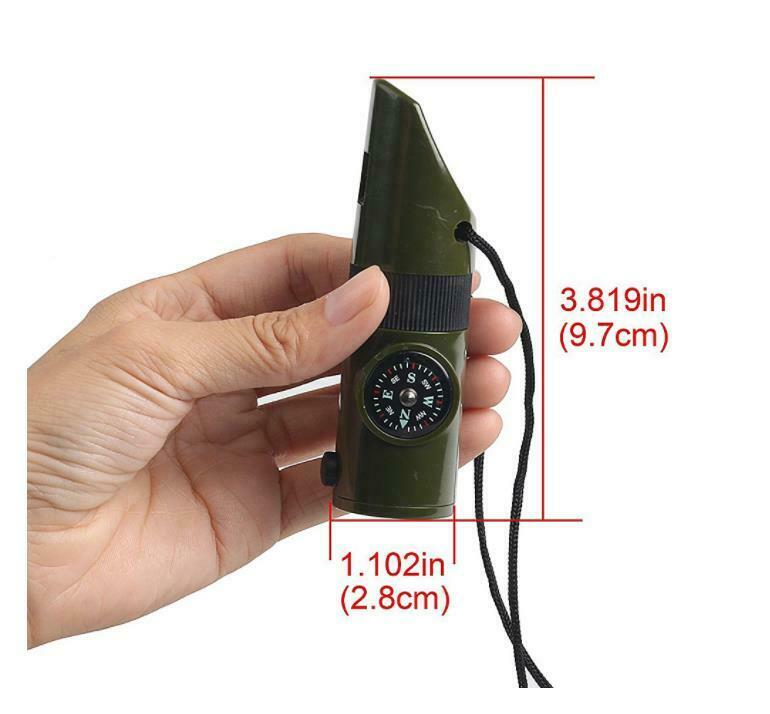 7in1Outdoor Lifesaving Whistle Compass Thermometer LED Flashlight Fire Magnifier