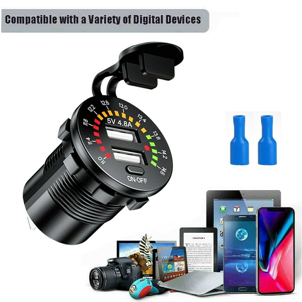 Dual USB Car Charger Socket Power Outlet 12V 4.8A LED Voltmeter for Car Boat