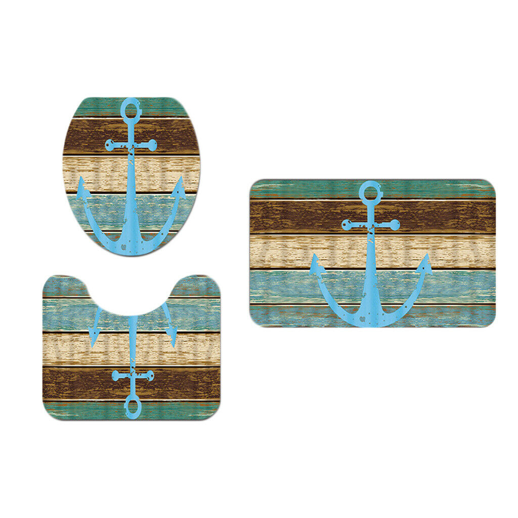 3 Pcs Bathroom Set Non-slip Rug Toilet Cover Pedestal Mat Marine Theme