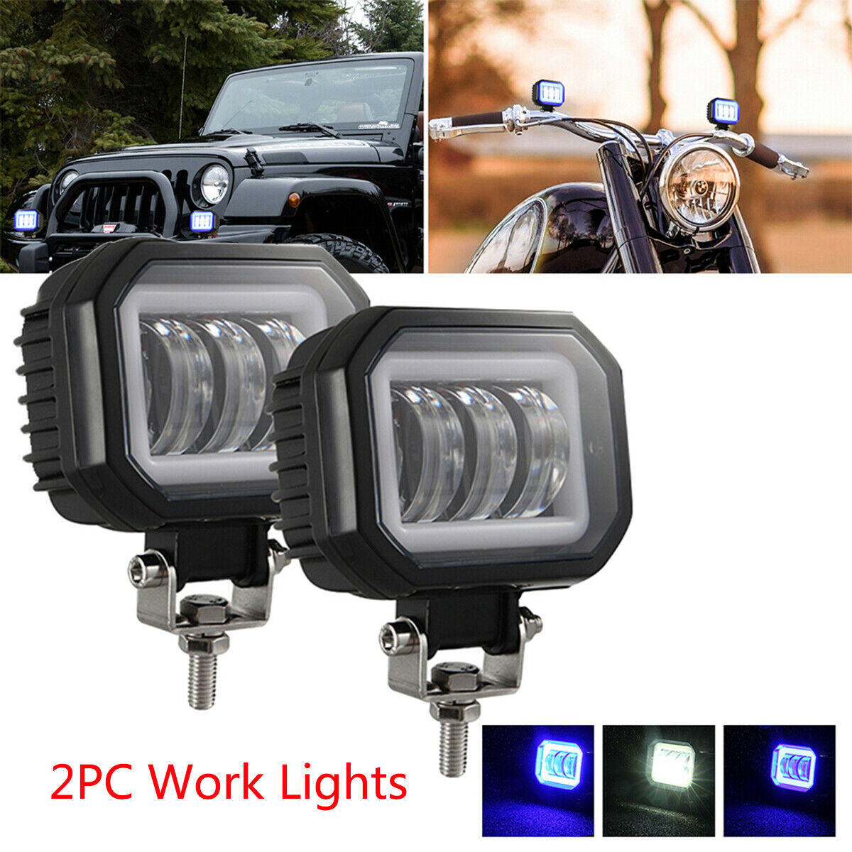 1 Pair 60W 6000LM 3.5-inch Motorcycle Truck Car Square Blue Angel Eye Work Light