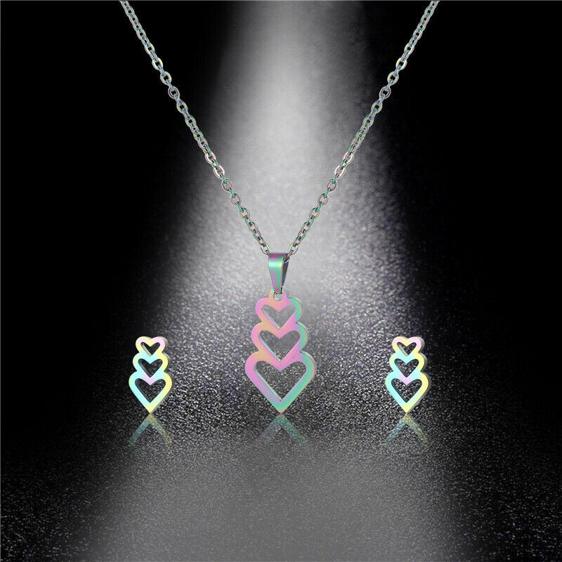 Three Heart Jewelry Set Stainless Steel Love Rainbow Pendant Necklace Earrings