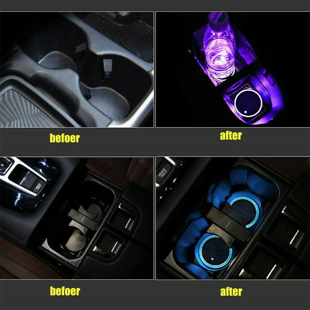 2Pcs Colorful LED Car Cup Holder Pad Mat for Car Interior Atmosphere Lamp Lights