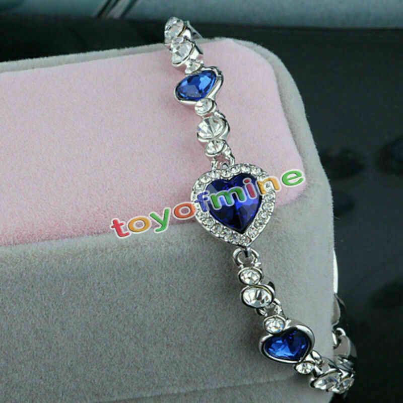 Women Ocean Blue Crystal Rhinestone Heart Bangle Bracelet Gift New Fashion
