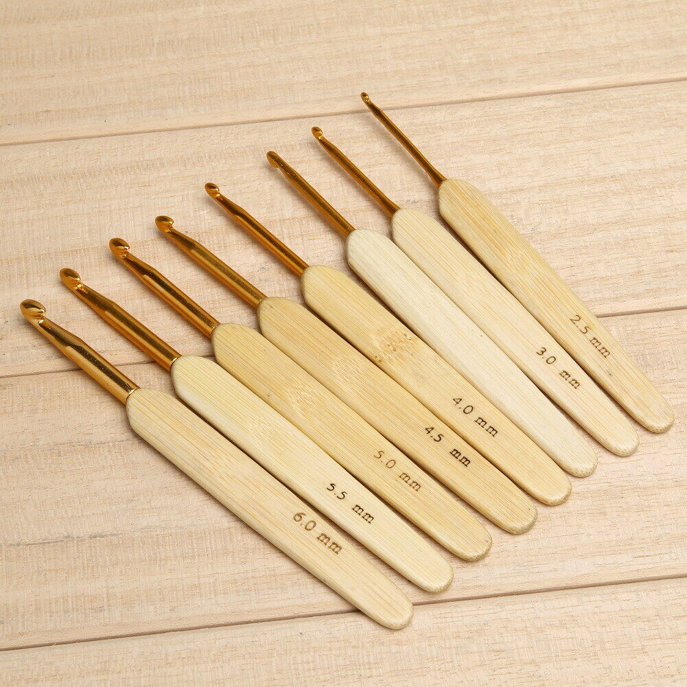 8pcs 8 sizes Bamboo handle Golden Aluminum Crochet Hooks Needles 2.5mm-6mm A#S