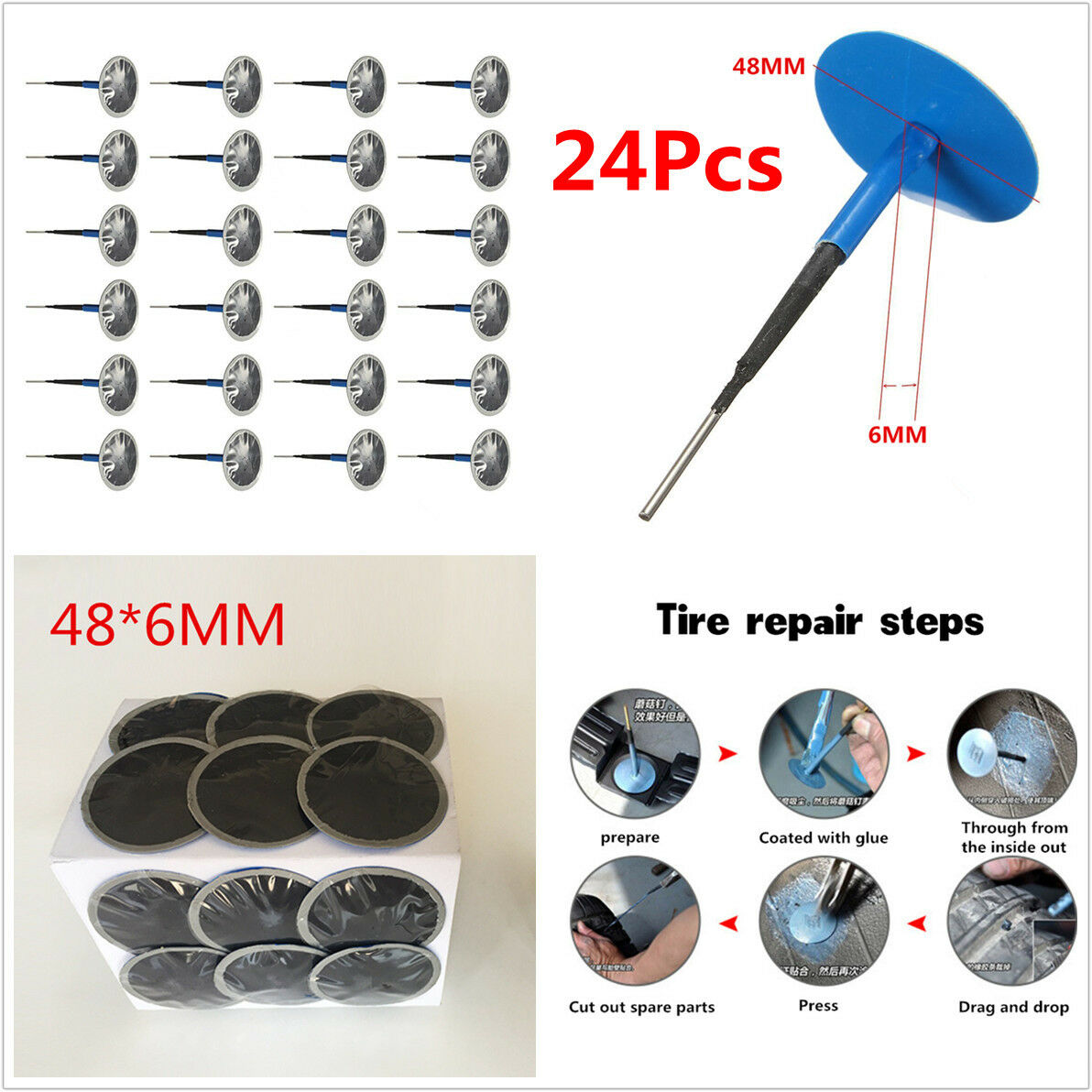24pc Natural Rubber Car Tyre Puncture Repair Wired Plug Mushroom Patch Universal