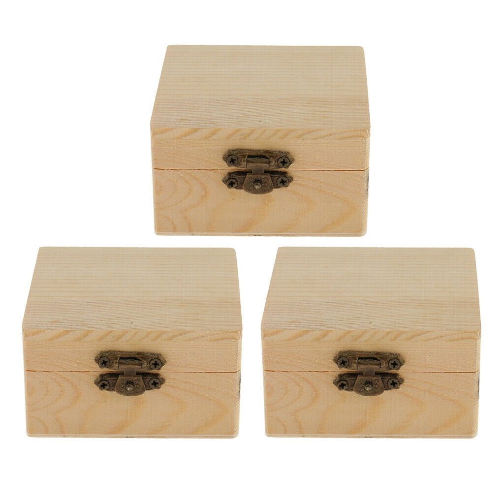 3pcs Unfinished Square Wooden Jewelry Gift Box Case for DIY Painting Craft
