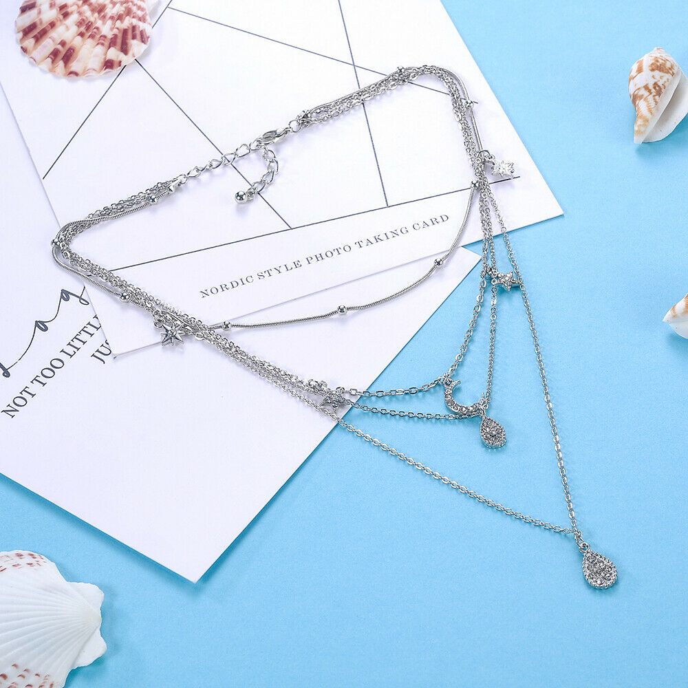Women Multilayer Choker Pendant Necklace Crystal Star Moon Chain Jewelry Gift