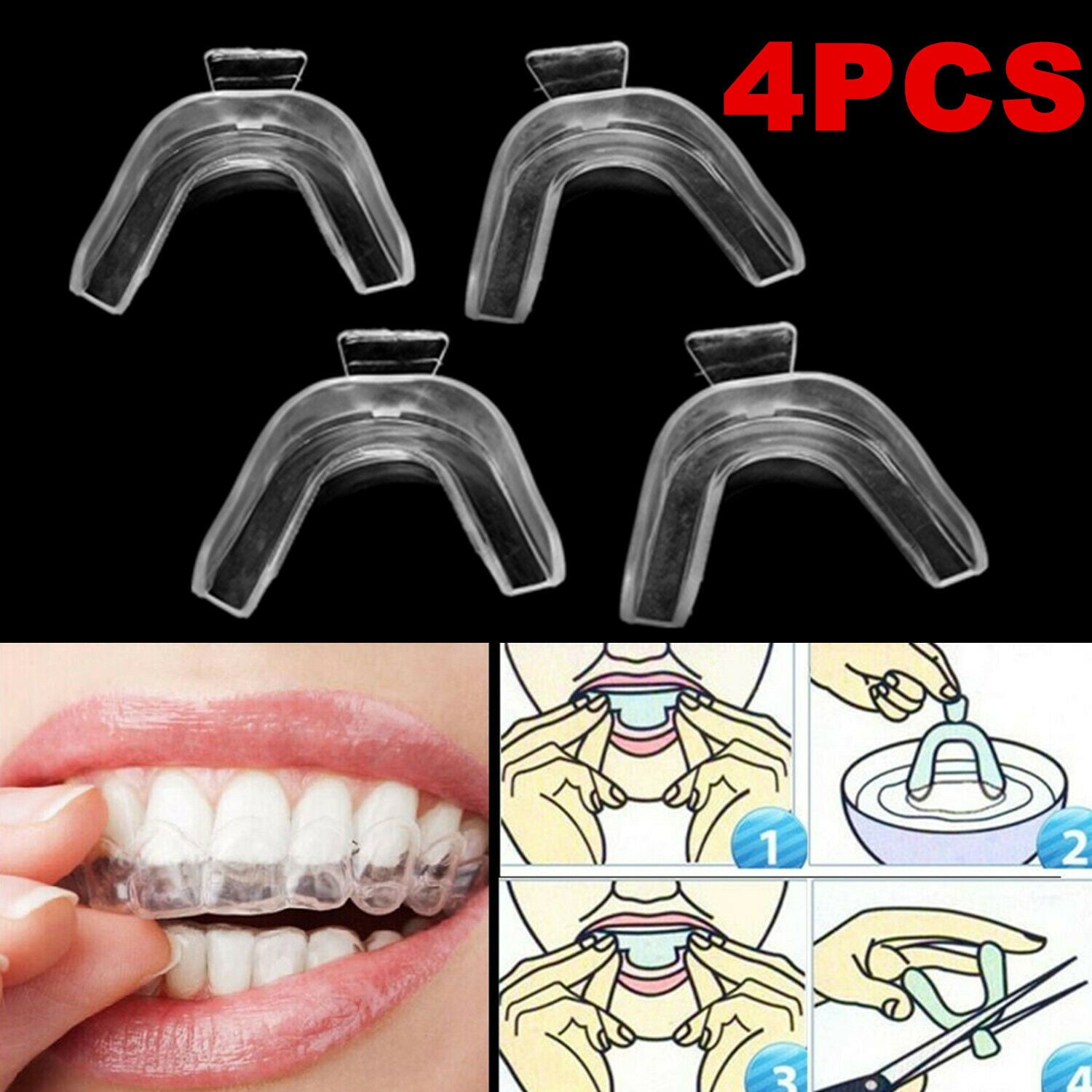 4 x Teeth Whitening Mouth Trays Guard Shields Gum Moulds Remouldable Bleaching