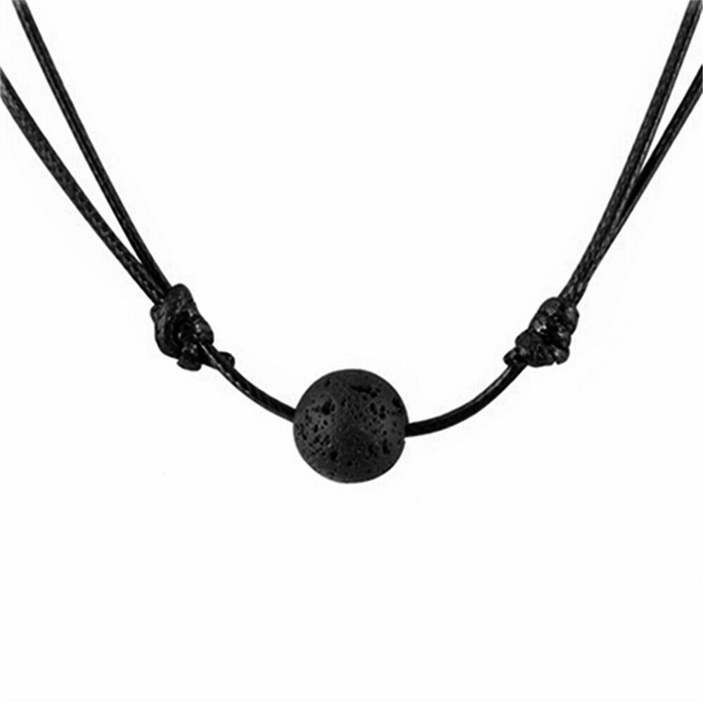 Women Men Natural Lava Stone Bead Diffusion Pendant Black Leather Cord Necklace